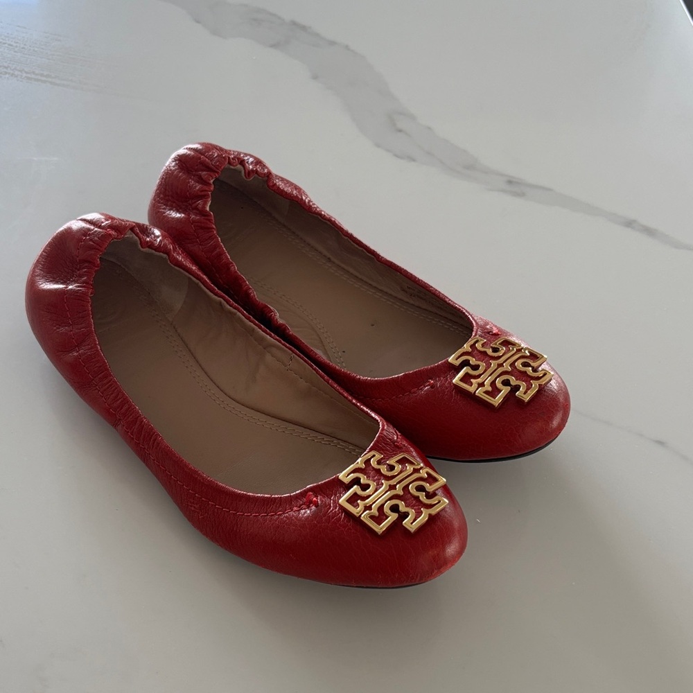Tory Burch Red Leather Flats with Gold Logo